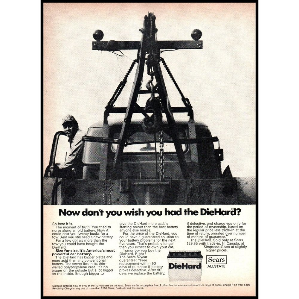 1969 DieHard Battery Car Batteries Vintage Print Ad Tow Truck Driver Wall Art